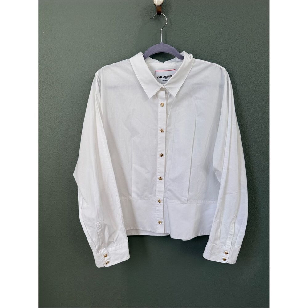 Karl Lagerfeld White Cotton Shirt with Gold-Tone Buttons Sz XL